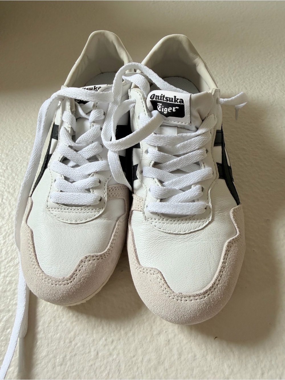 Onitsuka Tiger by Asics Kids White Sneakers with Black Stripes and Beige Suede